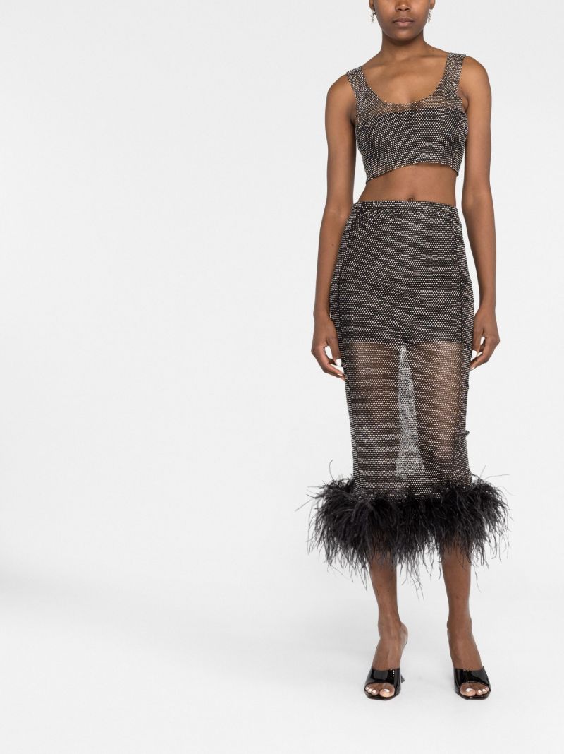 Black Crystal Feather-trim Midi Skirt