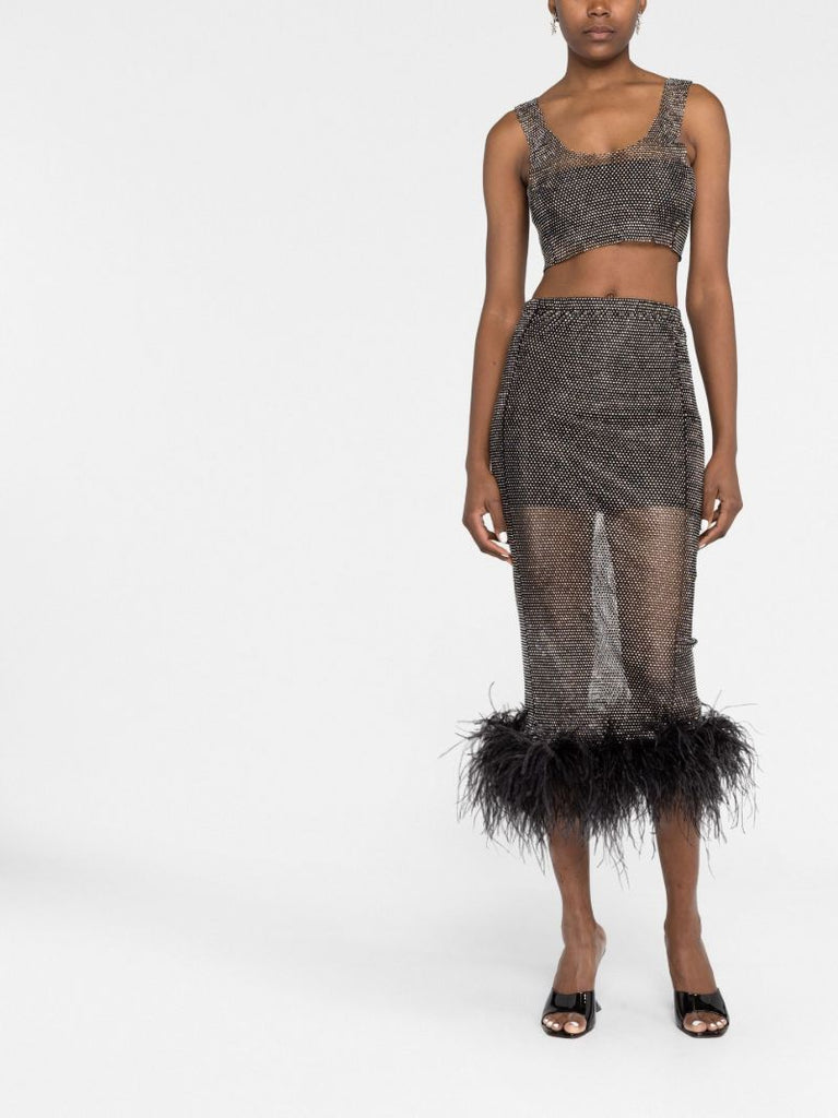 Black Crystal Feather-trim Midi Skirt