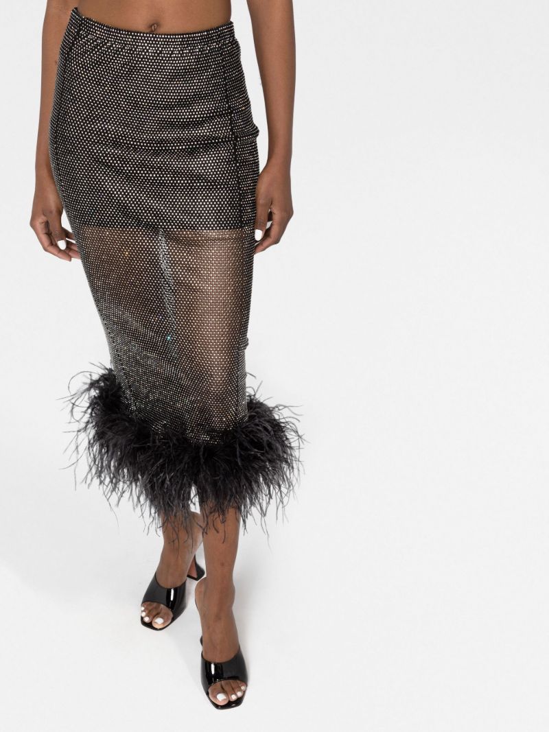 Black Crystal Feather-trim Midi Skirt