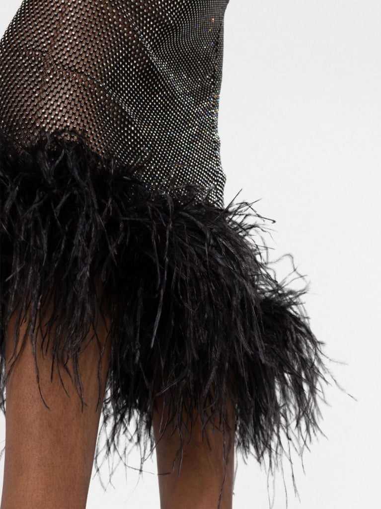 Black Crystal Feather-trim Midi Skirt