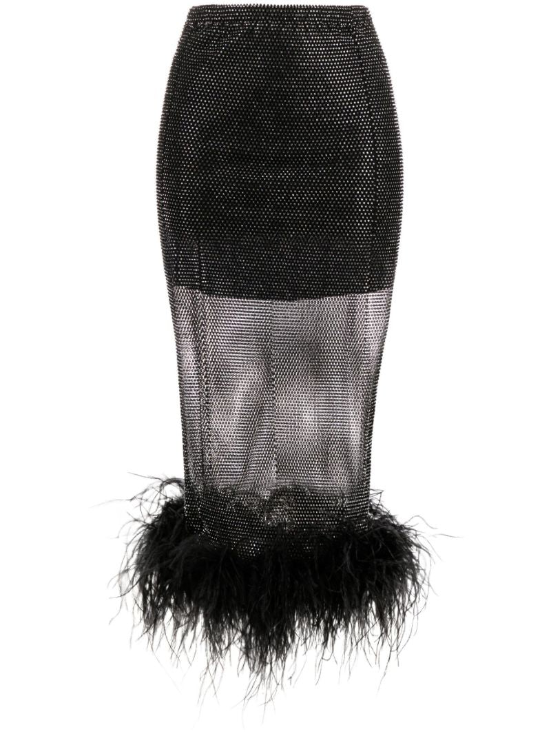 Black Crystal Feather-trim Midi Skirt