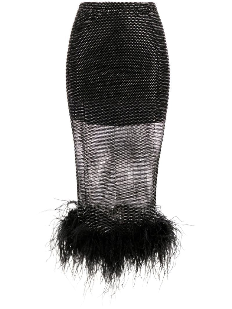 Black Crystal Feather-trim Midi Skirt