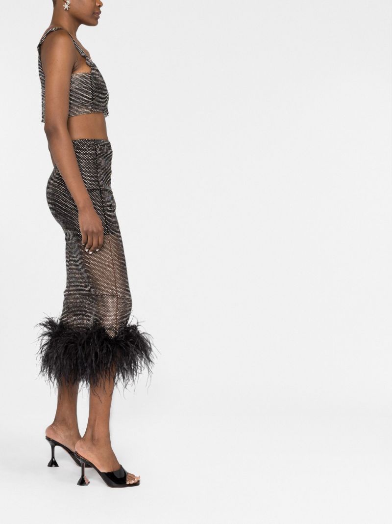 Black Crystal Feather-trim Midi Skirt