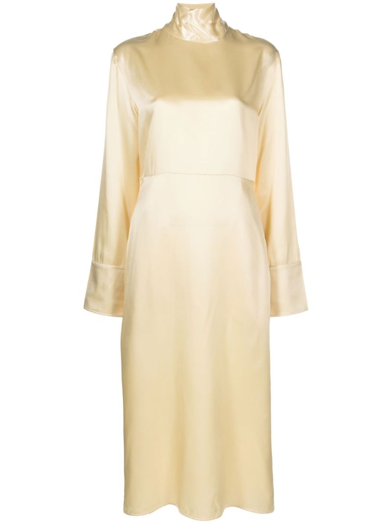 Neutral Long-sleeve Satin Midi Dress