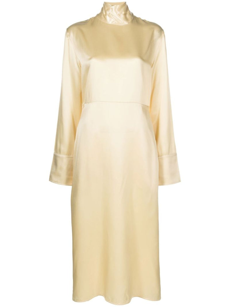 Neutral Long-sleeve Satin Midi Dress