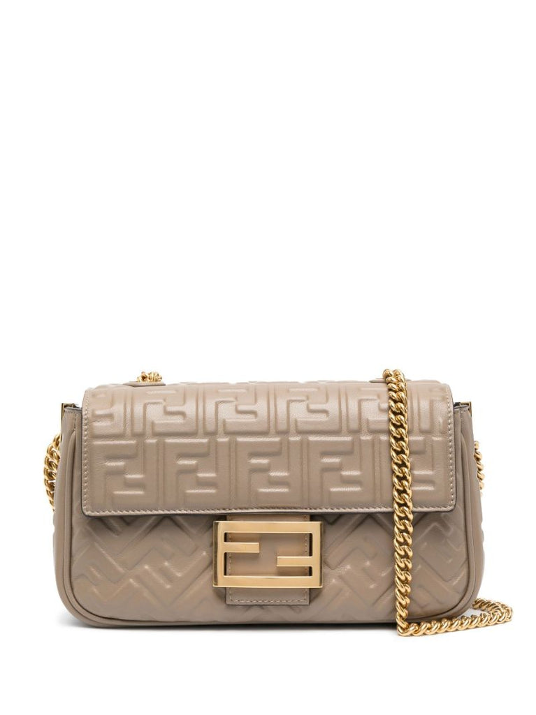 Neutral Baguette Chain Midi Leather Shoulder Bag