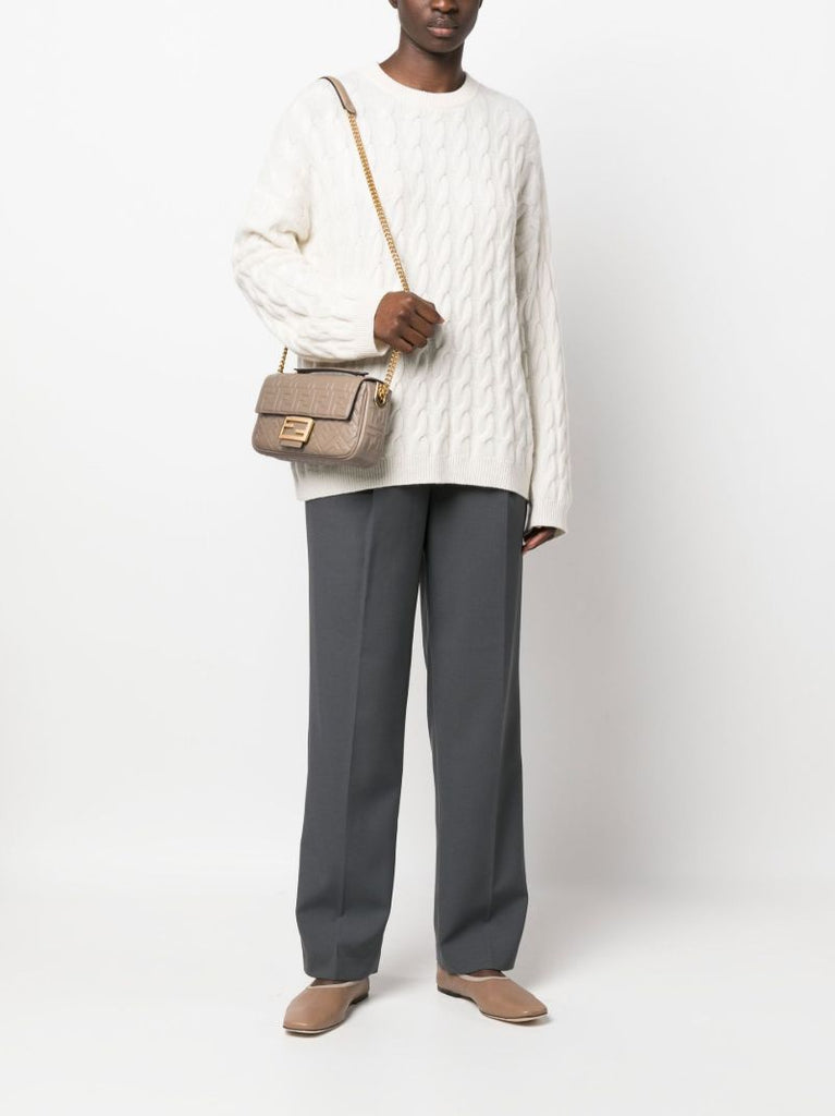 Neutral Baguette Chain Midi Leather Shoulder Bag