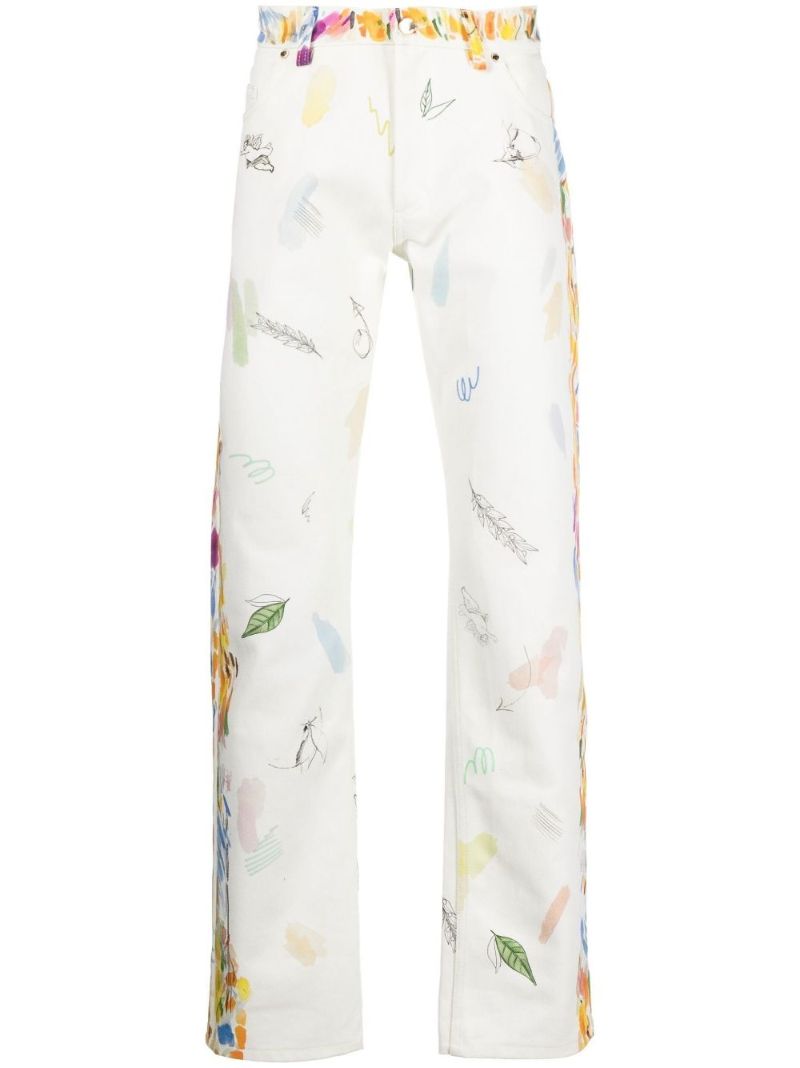 White Printed Straight-leg Jeans