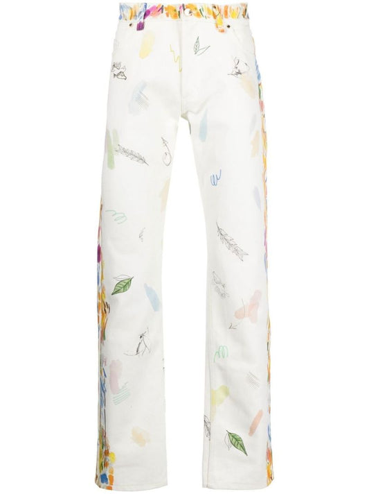 White Printed Straight-leg Jeans
