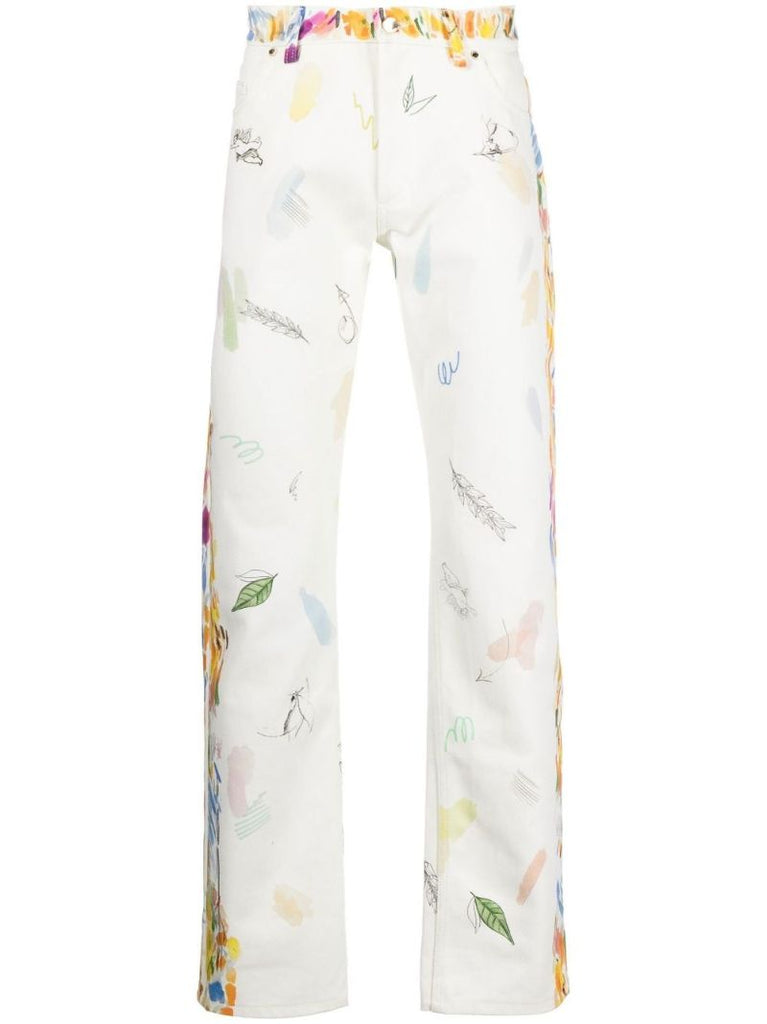 White Printed Straight-leg Jeans