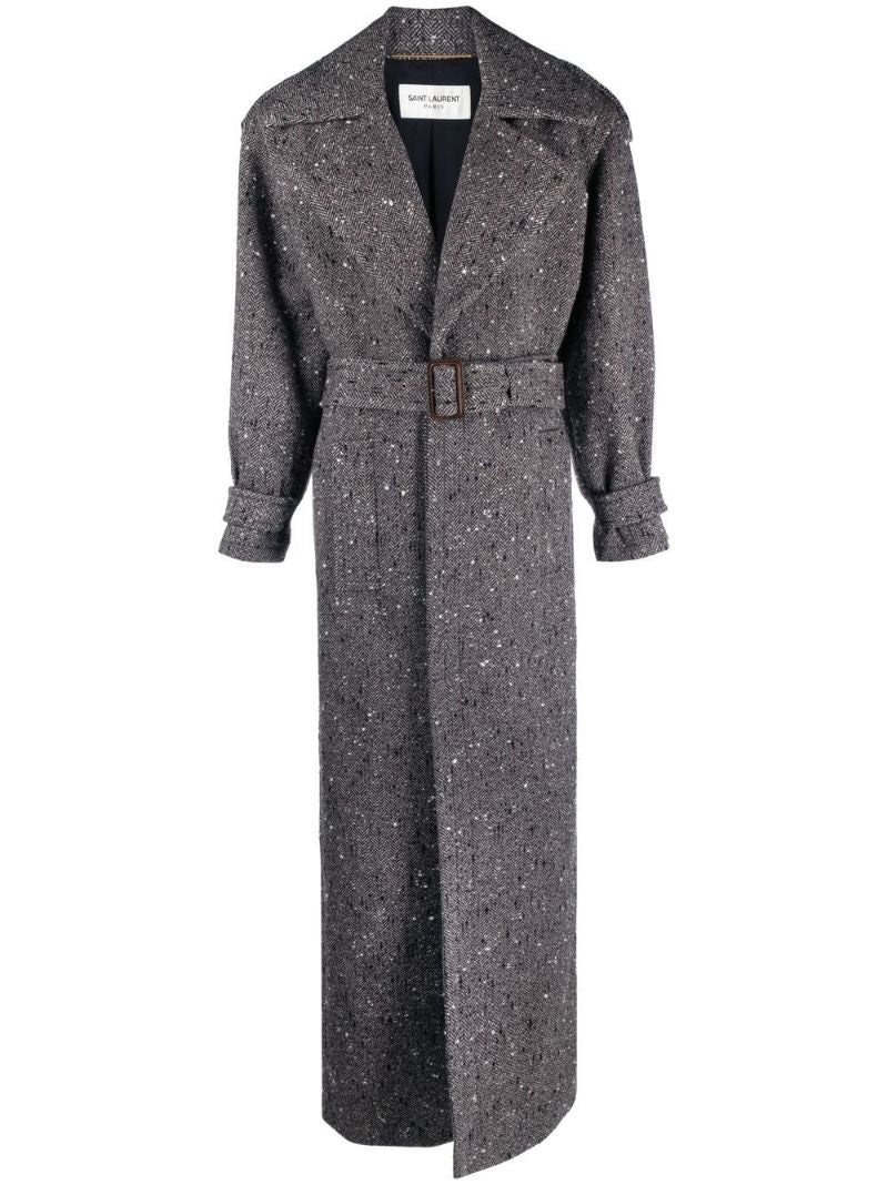 Grey Double-breasted Belted Wool Coat