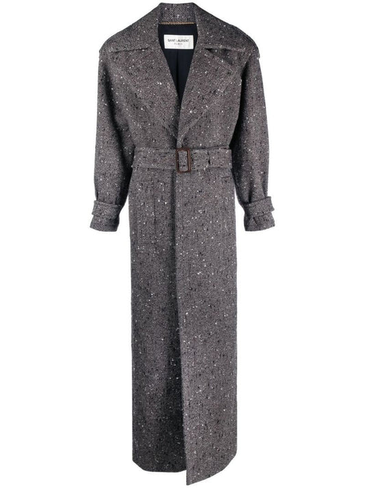 Grey Double-breasted Belted Wool Coat