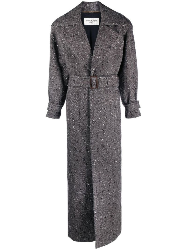 Grey Double-breasted Belted Wool Coat