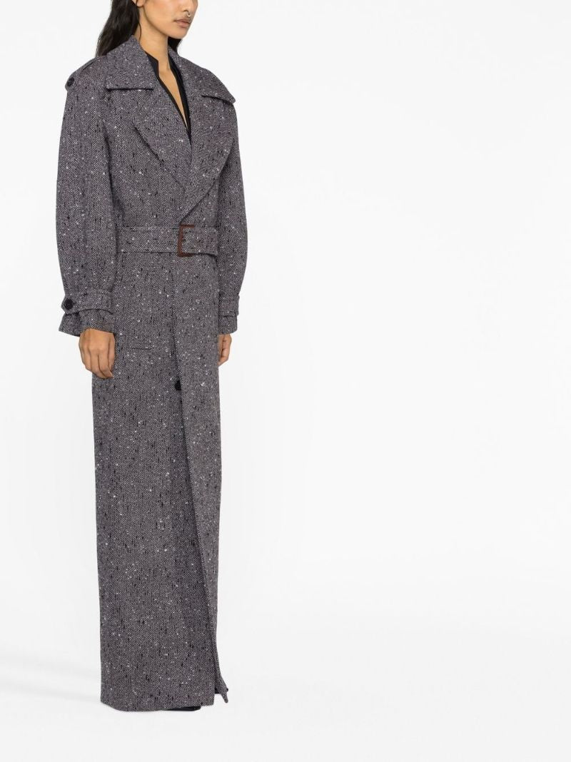Grey Double-breasted Belted Wool Coat