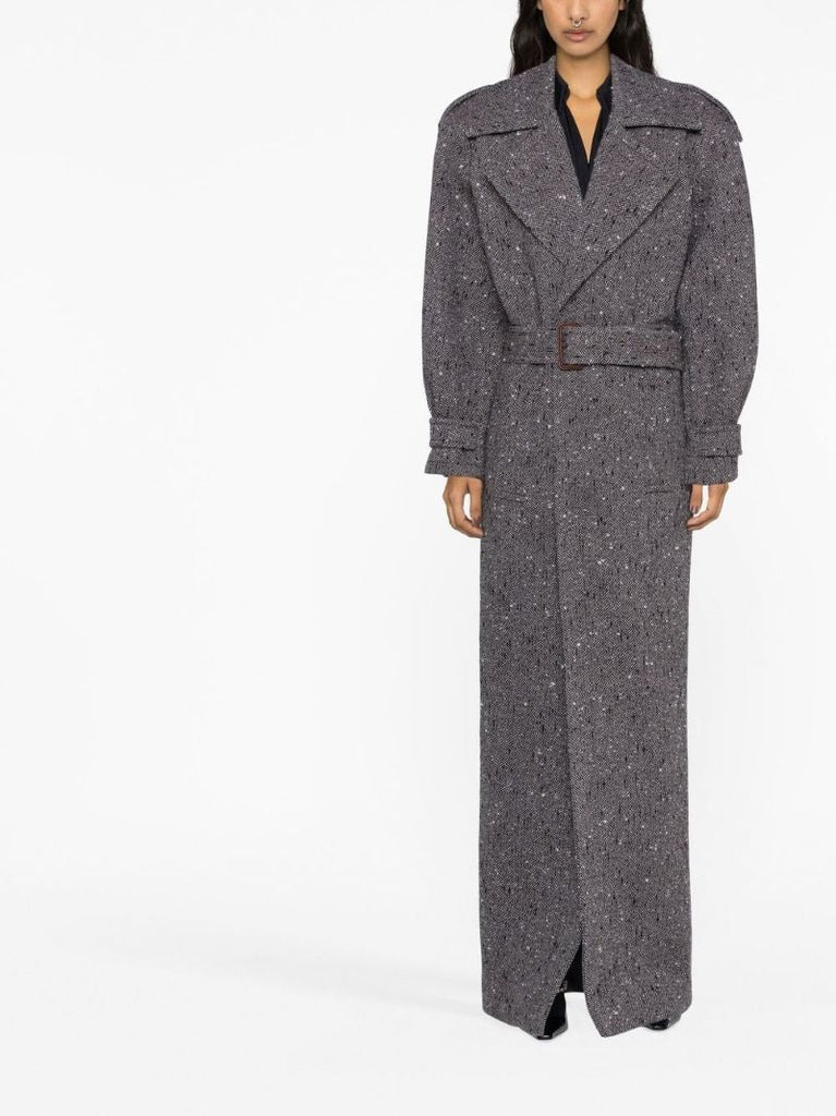 Grey Double-breasted Belted Wool Coat