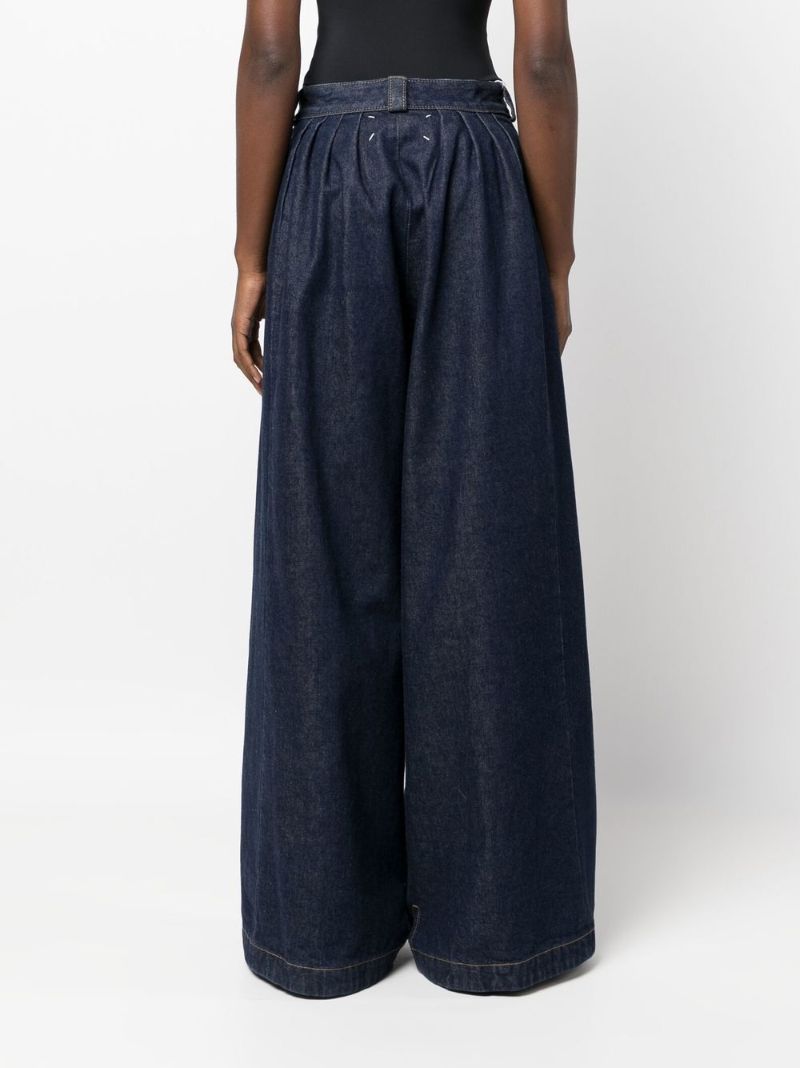 Blue Pleated Wide-leg Jeans