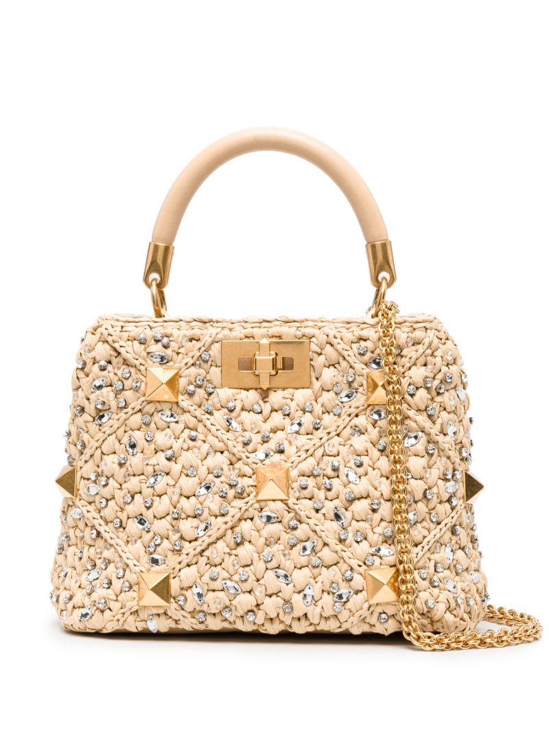 Neutral Roman Stud Raffia Top Handle Bag