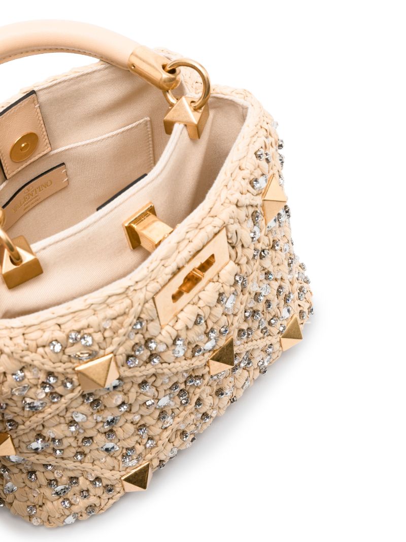 Neutral Roman Stud Raffia Top Handle Bag