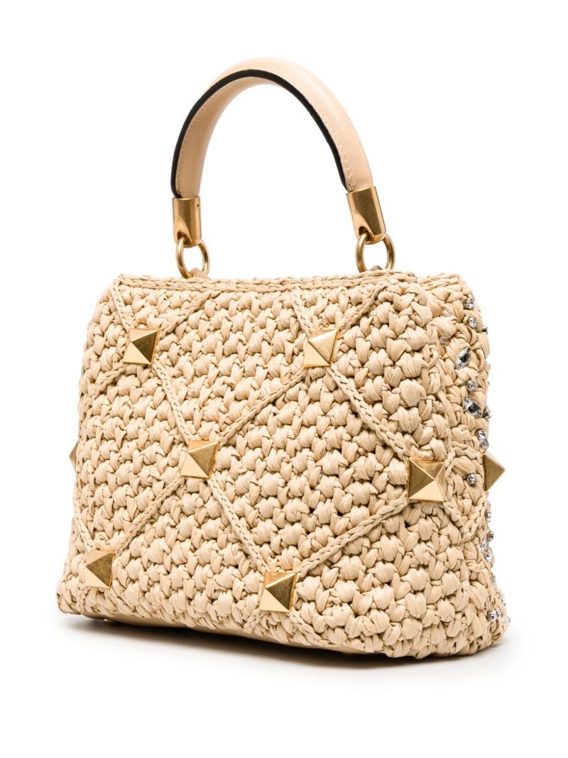 Neutral Roman Stud Raffia Top Handle Bag