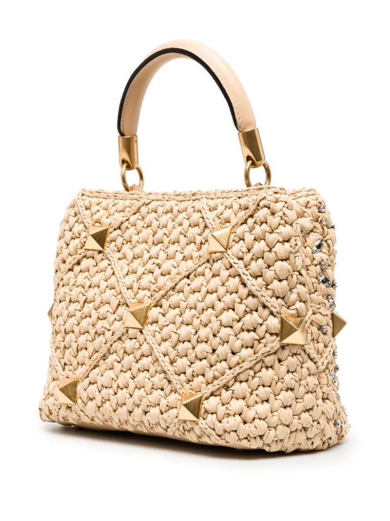 Neutral Roman Stud Raffia Top Handle Bag