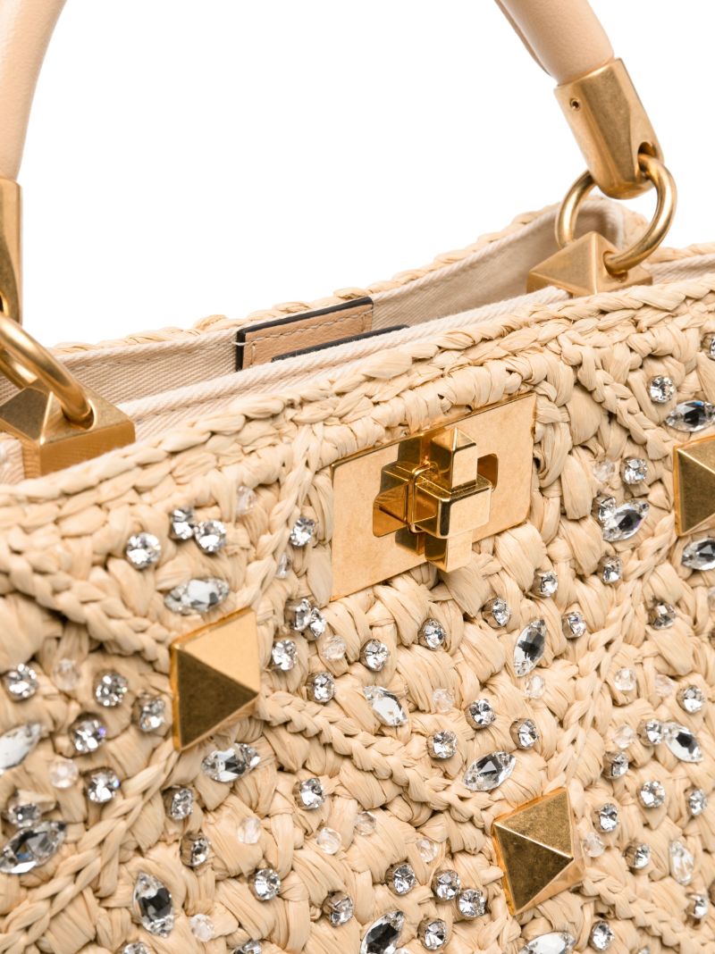 Neutral Roman Stud Raffia Top Handle Bag