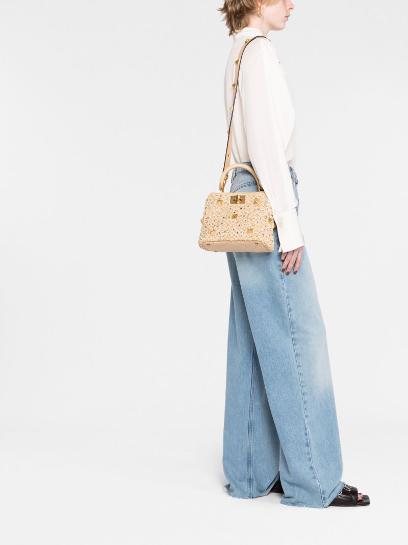 Neutral Roman Stud Raffia Top Handle Bag
