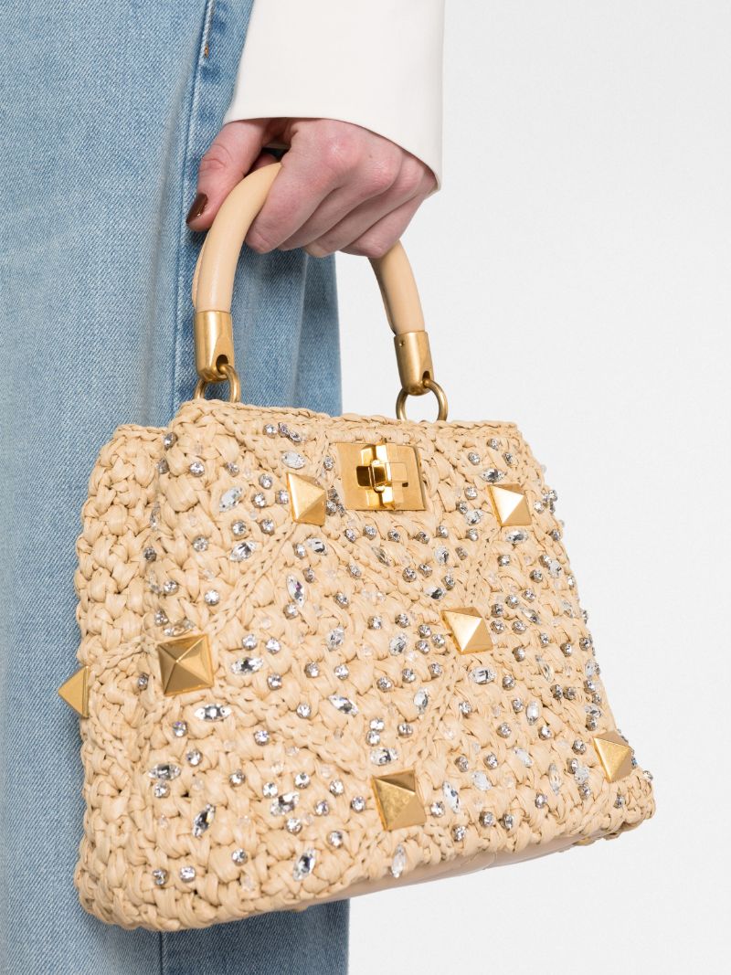 Neutral Roman Stud Raffia Top Handle Bag