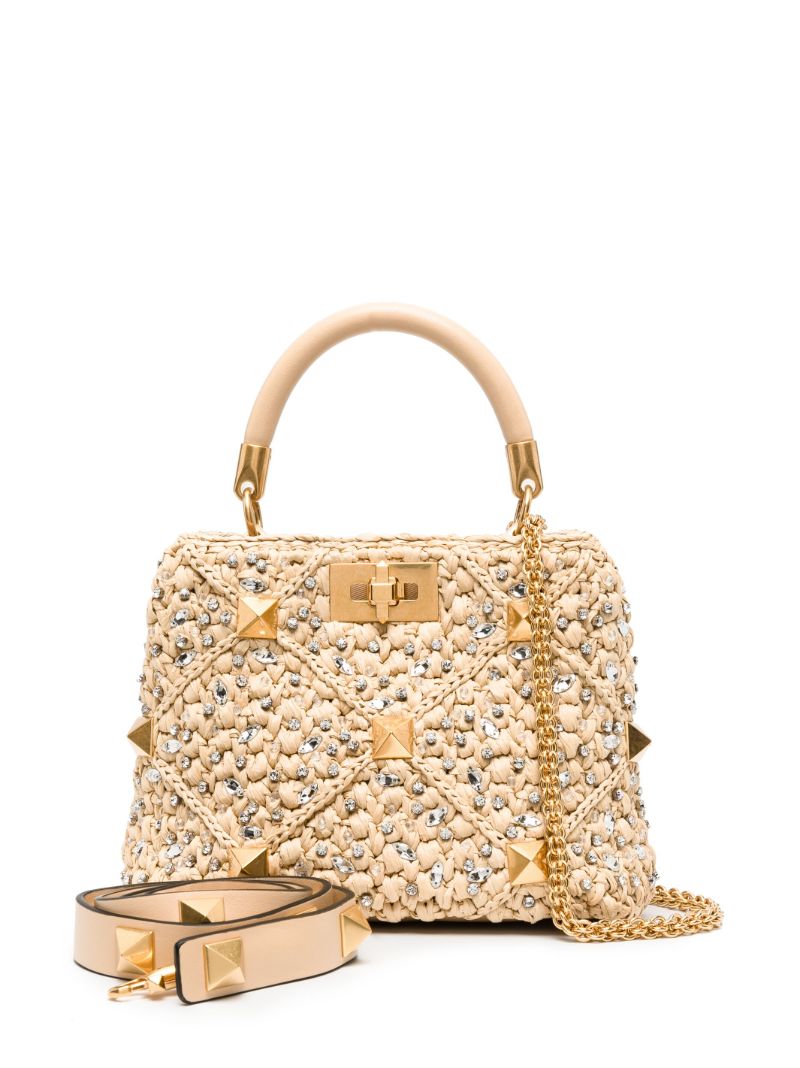 Neutral Roman Stud Raffia Top Handle Bag