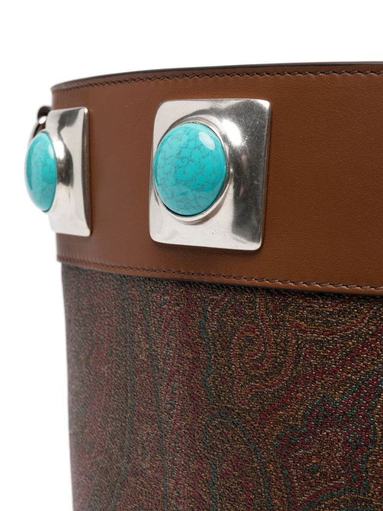 Brown Crown Me Paisley Print Leather Bucket Bag