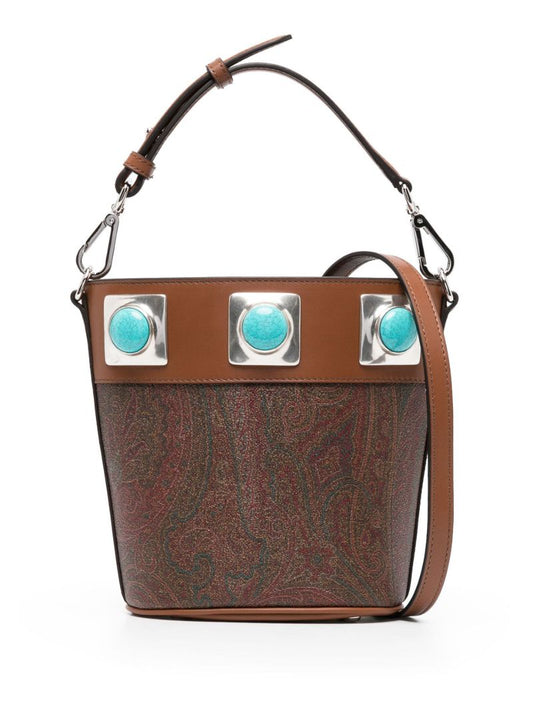 Brown Crown Me Paisley Print Leather Bucket Bag