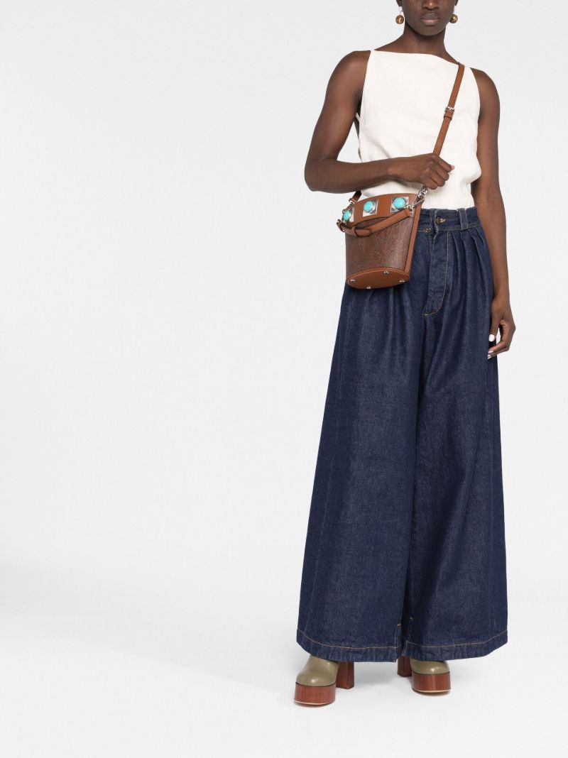 Brown Crown Me Paisley Print Leather Bucket Bag