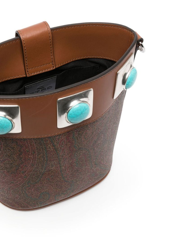 Brown Crown Me Paisley Print Leather Bucket Bag