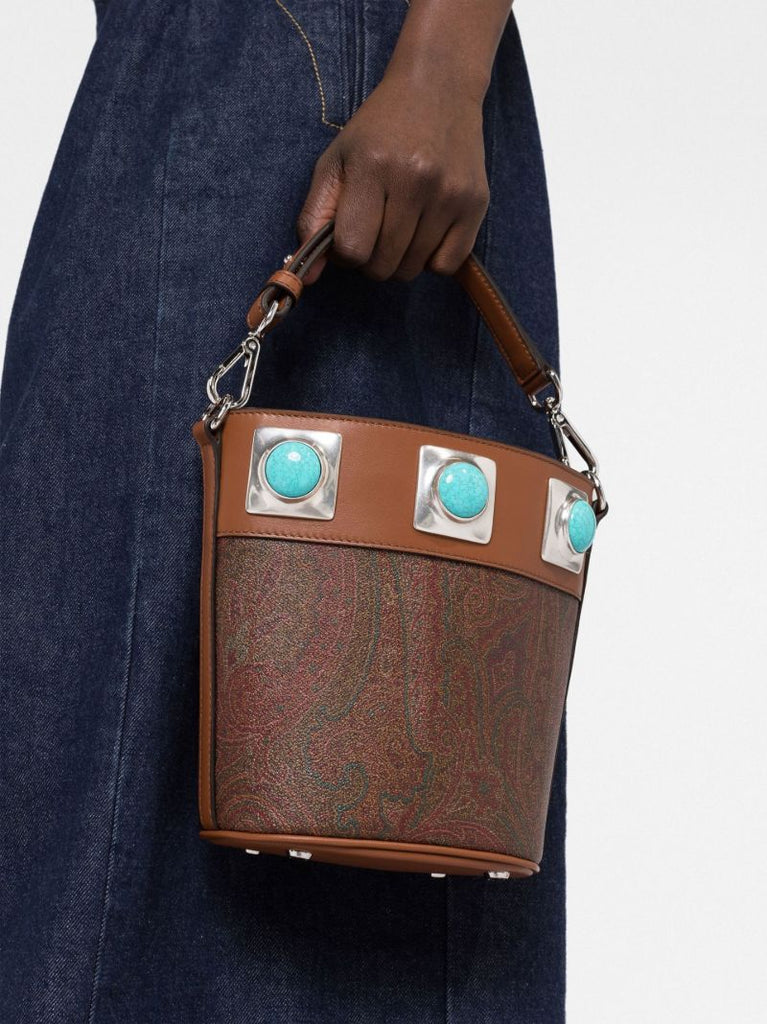 Brown Crown Me Paisley Print Leather Bucket Bag