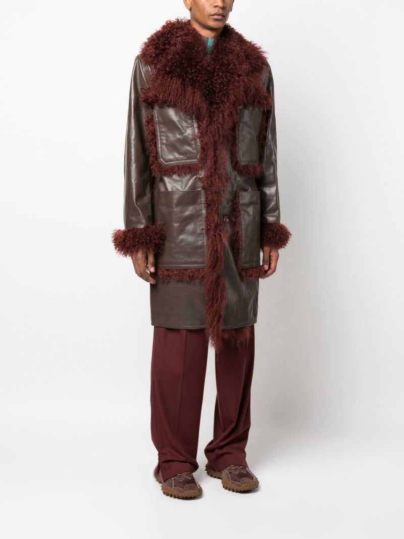 Brown Shearling Trim Leather Coat