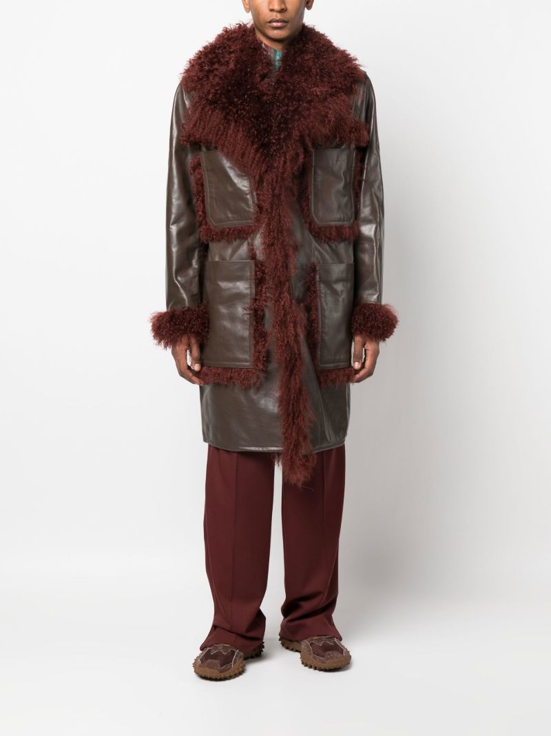 Brown Shearling Trim Leather Coat