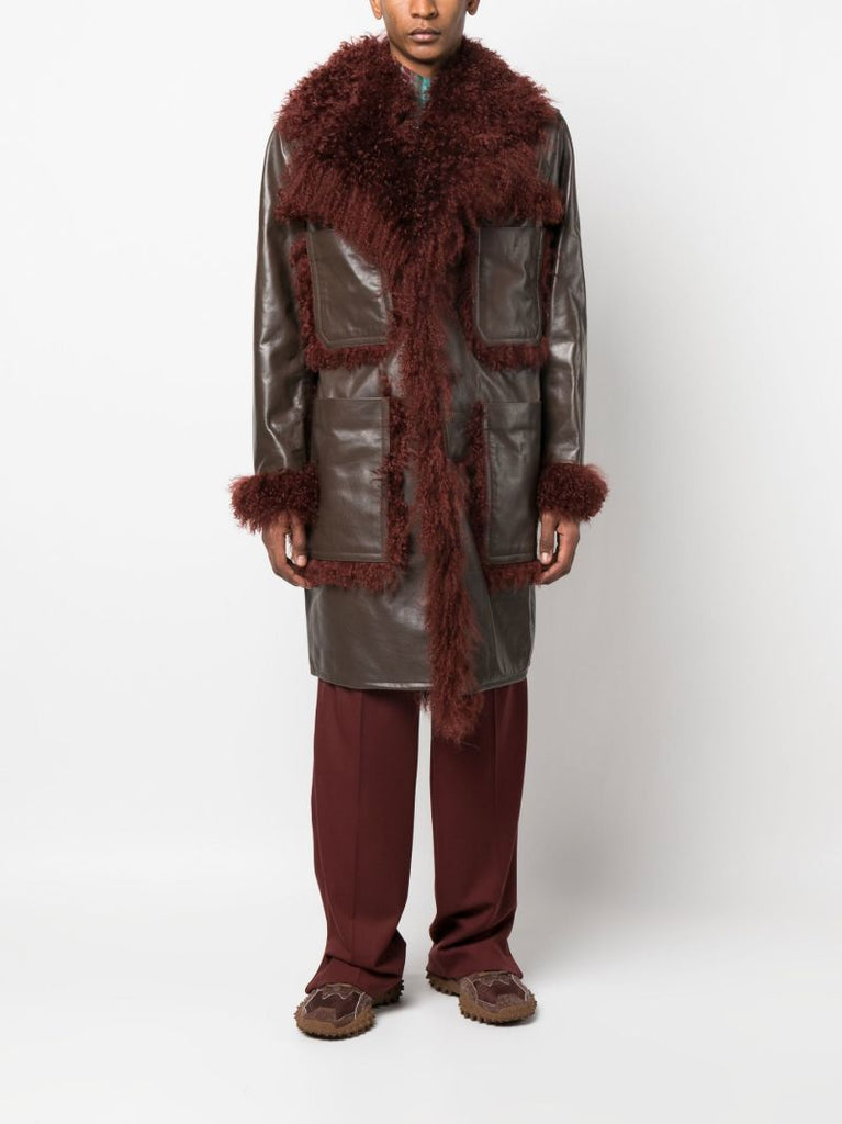 Brown Shearling Trim Leather Coat