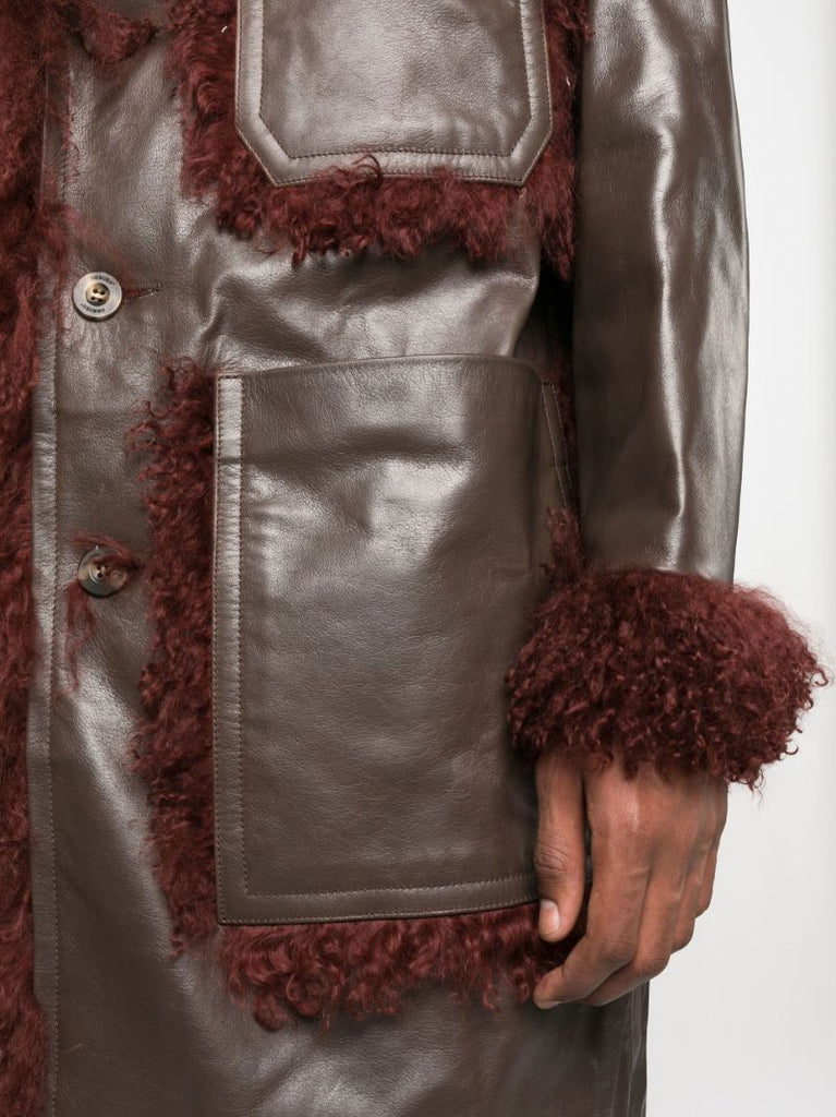 Brown Shearling Trim Leather Coat