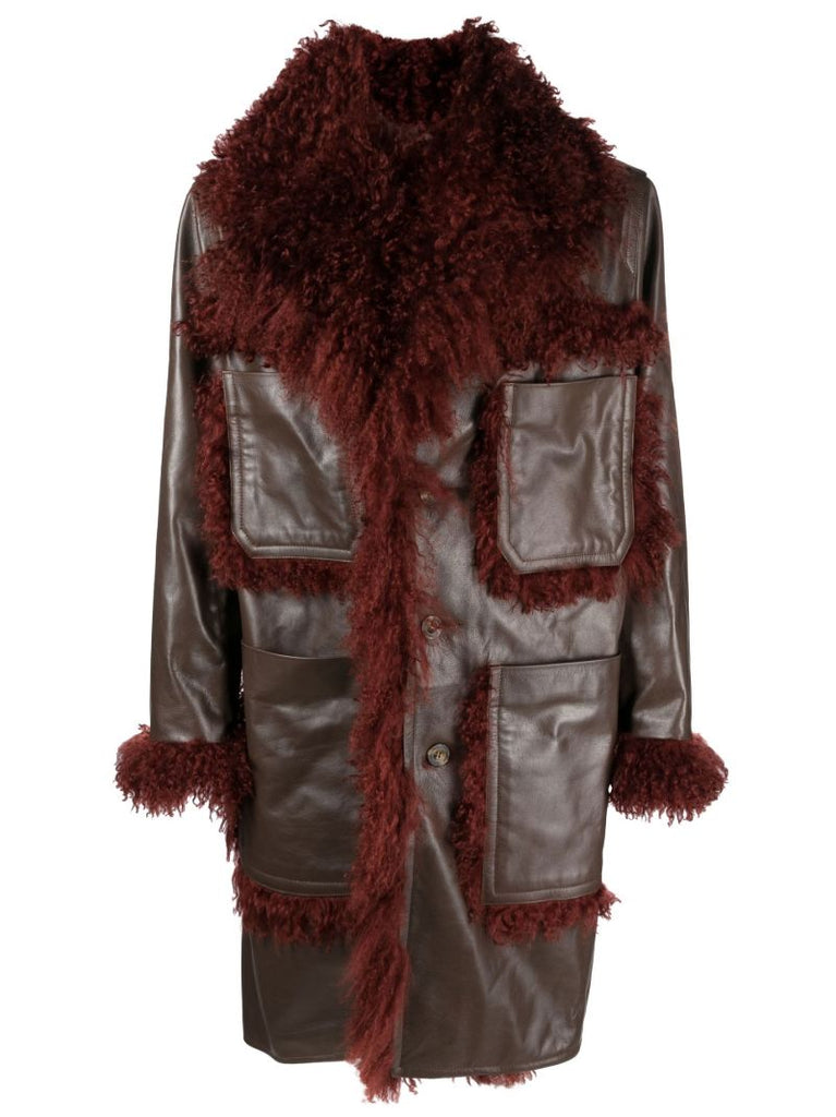 Brown Shearling Trim Leather Coat