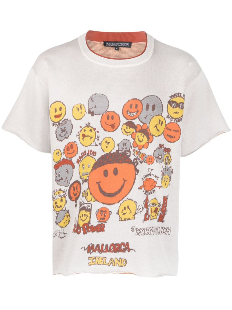 White Smiley Print Cotton T-shirt