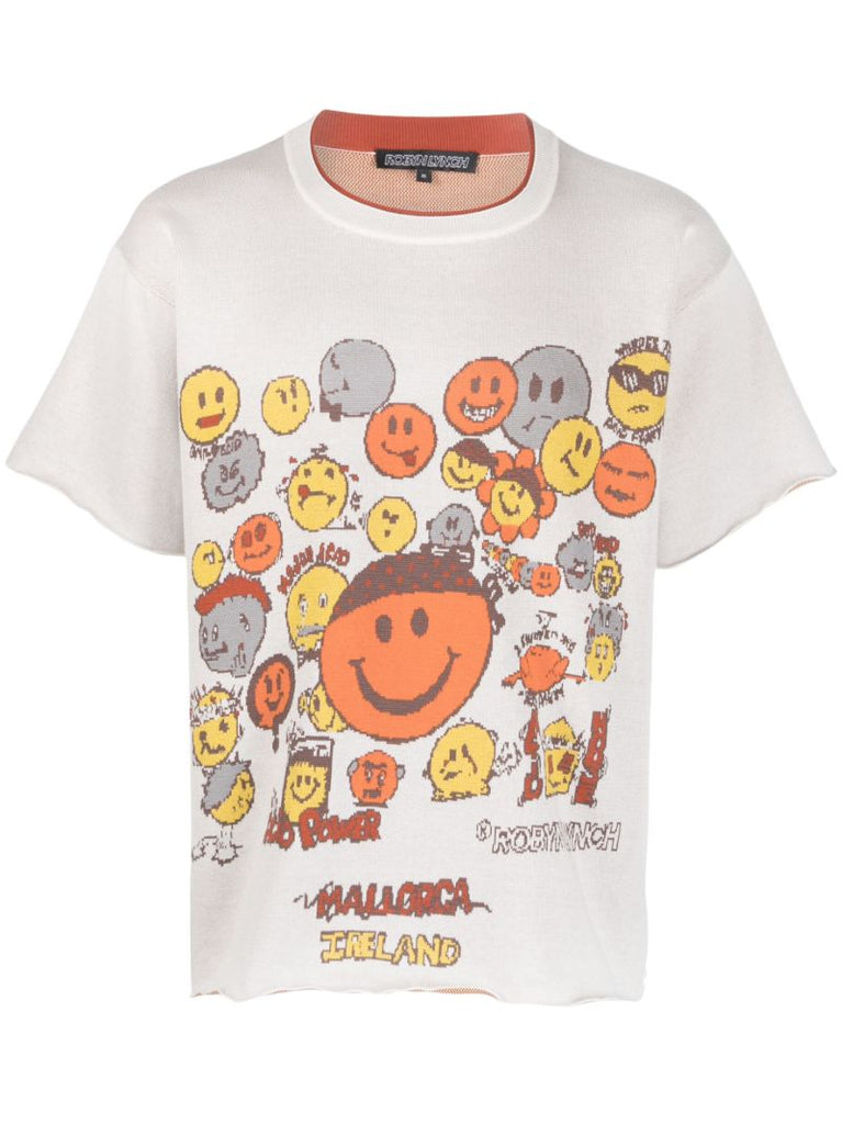 White Smiley Print Cotton T-shirt