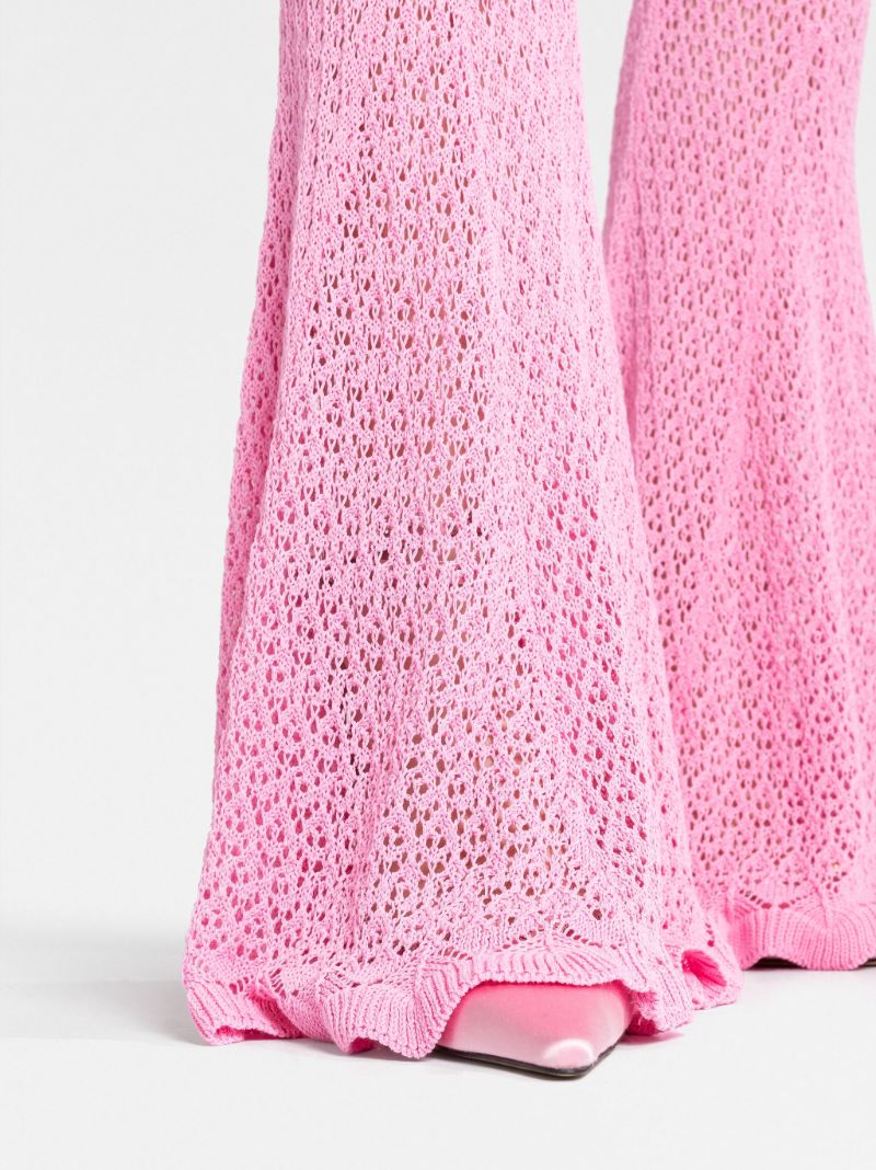 Pink Openwork Knit Flared Trousers