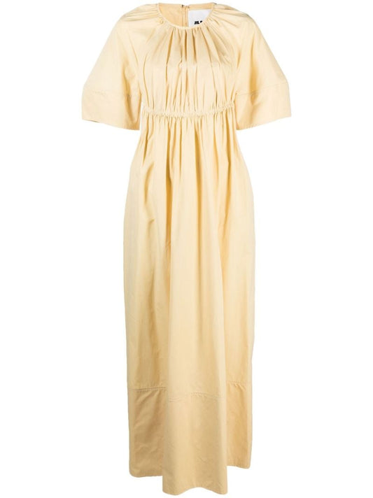 Yellow Ruched Cotton Midi Dress