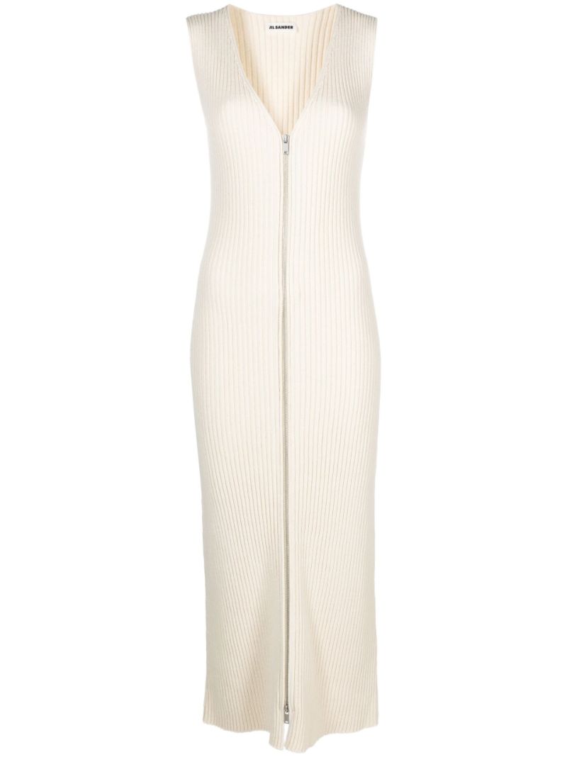 White Zip-up Knitted Maxi Dress