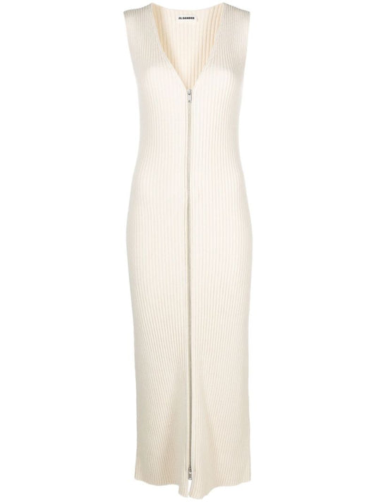 White Zip-up Knitted Maxi Dress