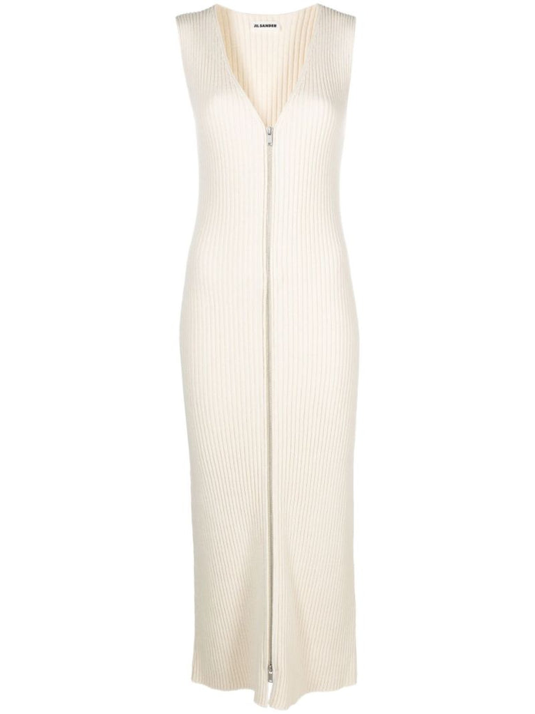 White Zip-up Knitted Maxi Dress