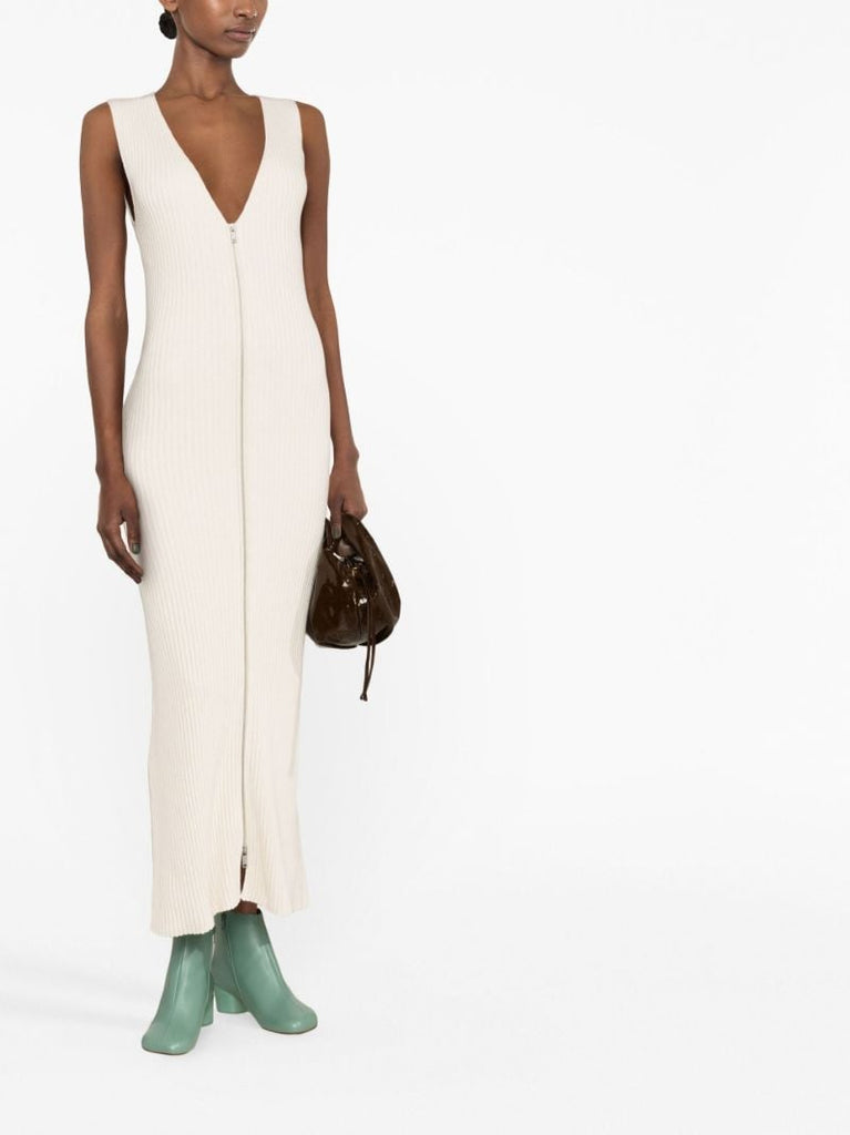 White Zip-up Knitted Maxi Dress