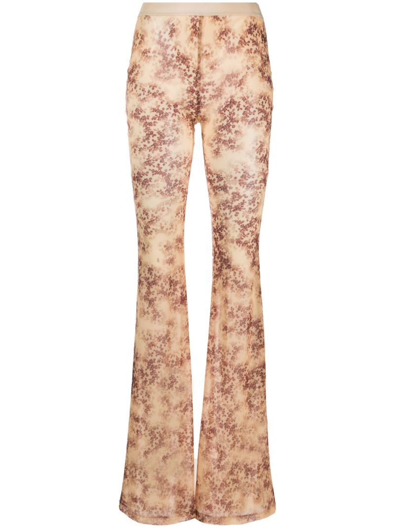 Beige Floral Print Flared Gauze Trousers