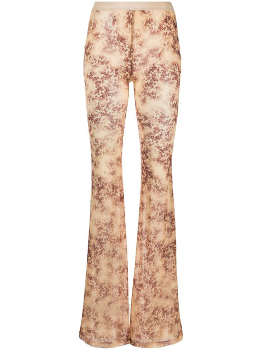 Beige Floral Print Flared Gauze Trousers