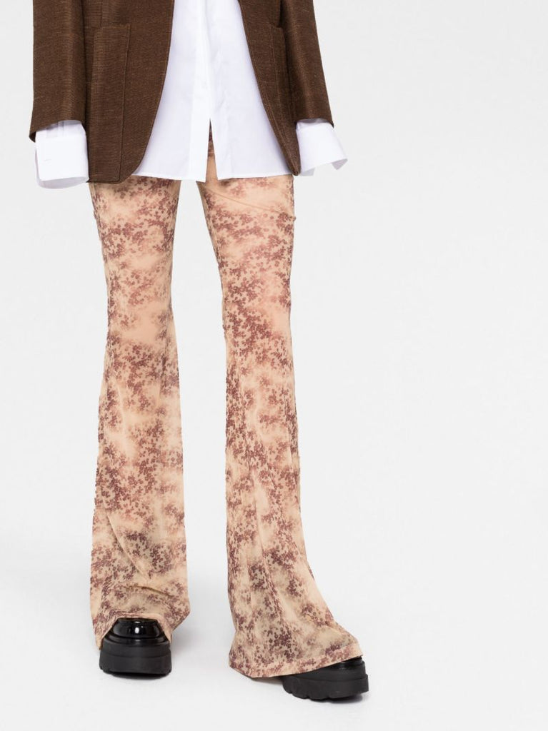 Beige Floral Print Flared Gauze Trousers