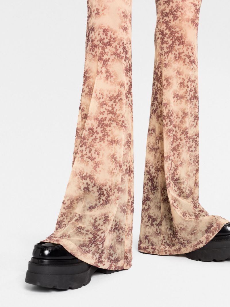 Beige Floral Print Flared Gauze Trousers